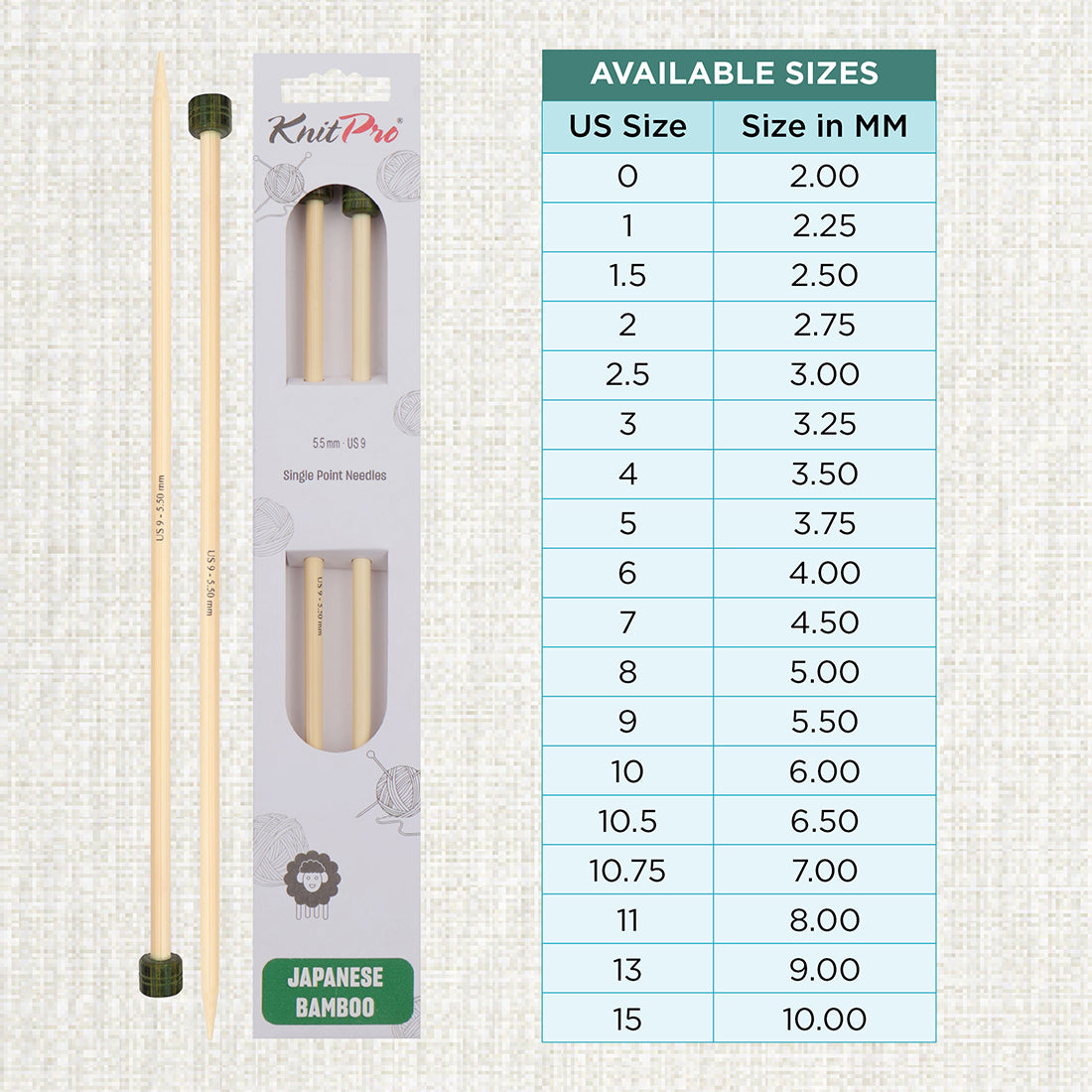 Pair of KnitPro 33cm bamboo knitting needles in 5.5mm with green heads