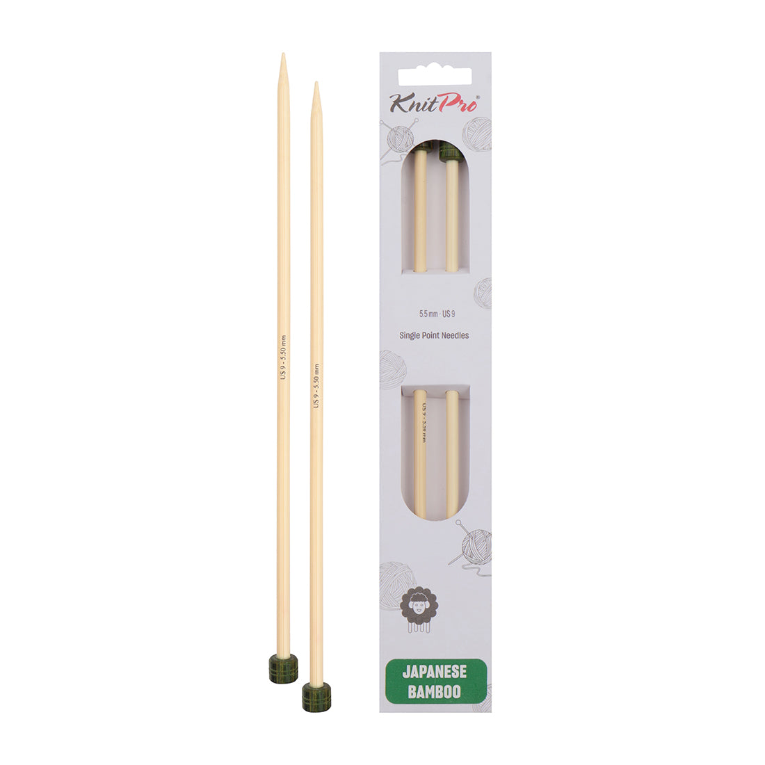Pair of KnitPro 33cm bamboo knitting needles in 5.5mm with green heads