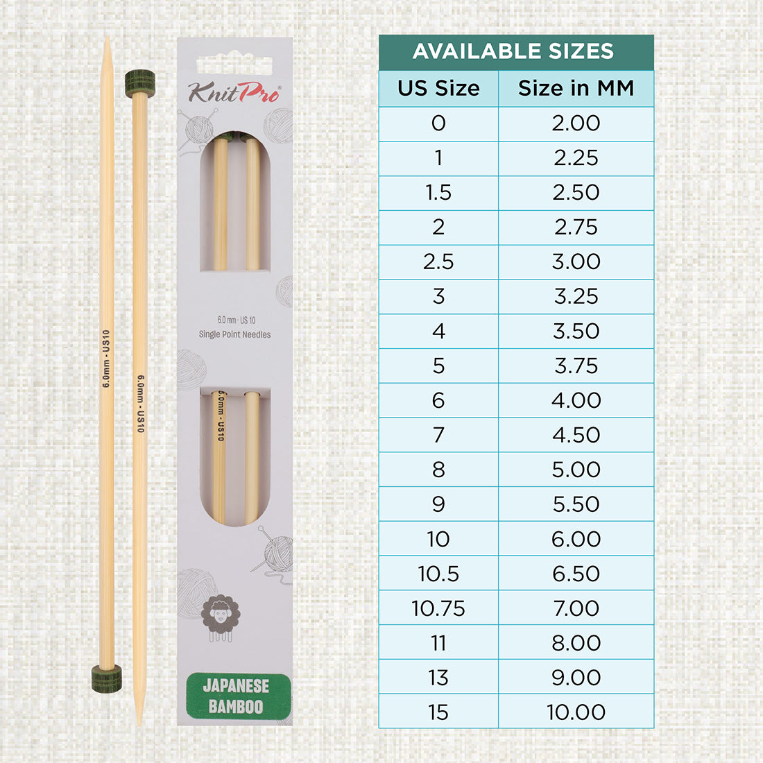 Pair of KnitPro 33cm bamboo knitting needles in 6mm with green heads
