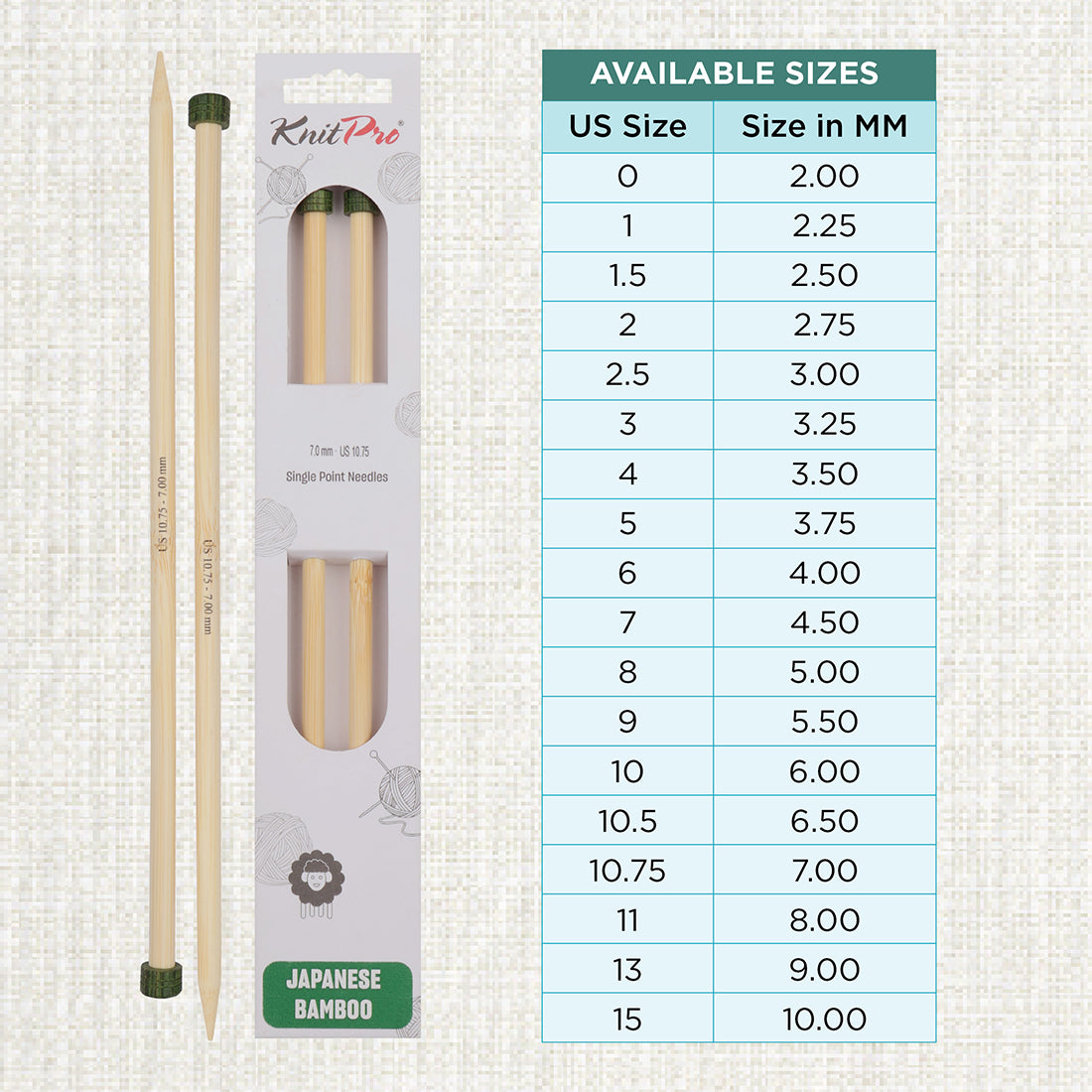 Pair of KnitPro 33cm bamboo knitting needles in 7mm with green heads