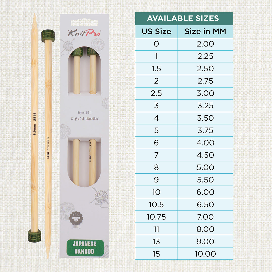 Pair of KnitPro 33cm bamboo knitting needles in 8mm with green heads