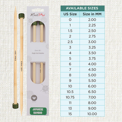 Pair of KnitPro 33cm bamboo knitting needles in 8mm with green heads