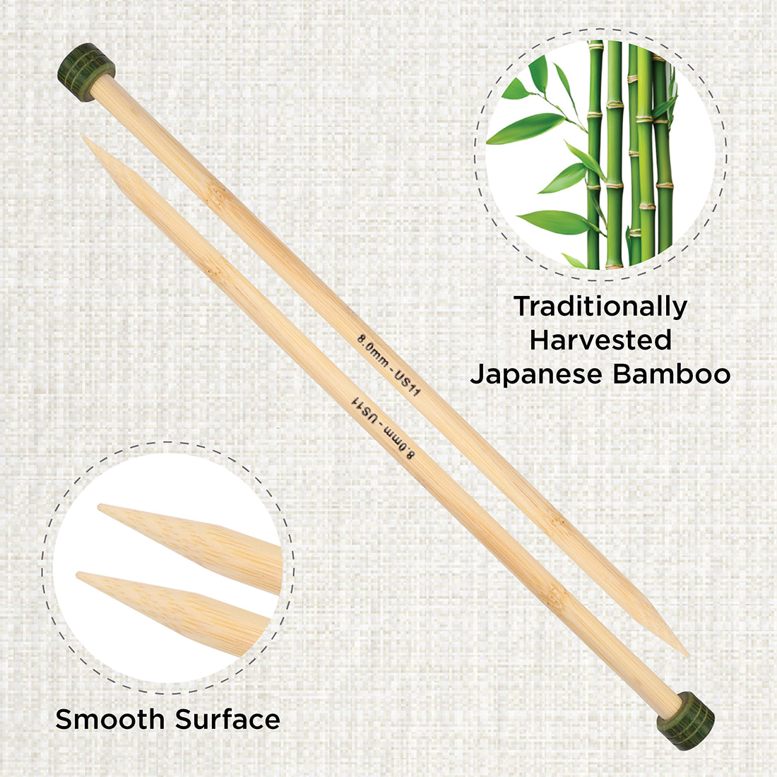 Pair of KnitPro 33cm bamboo knitting needles in 8mm with green heads