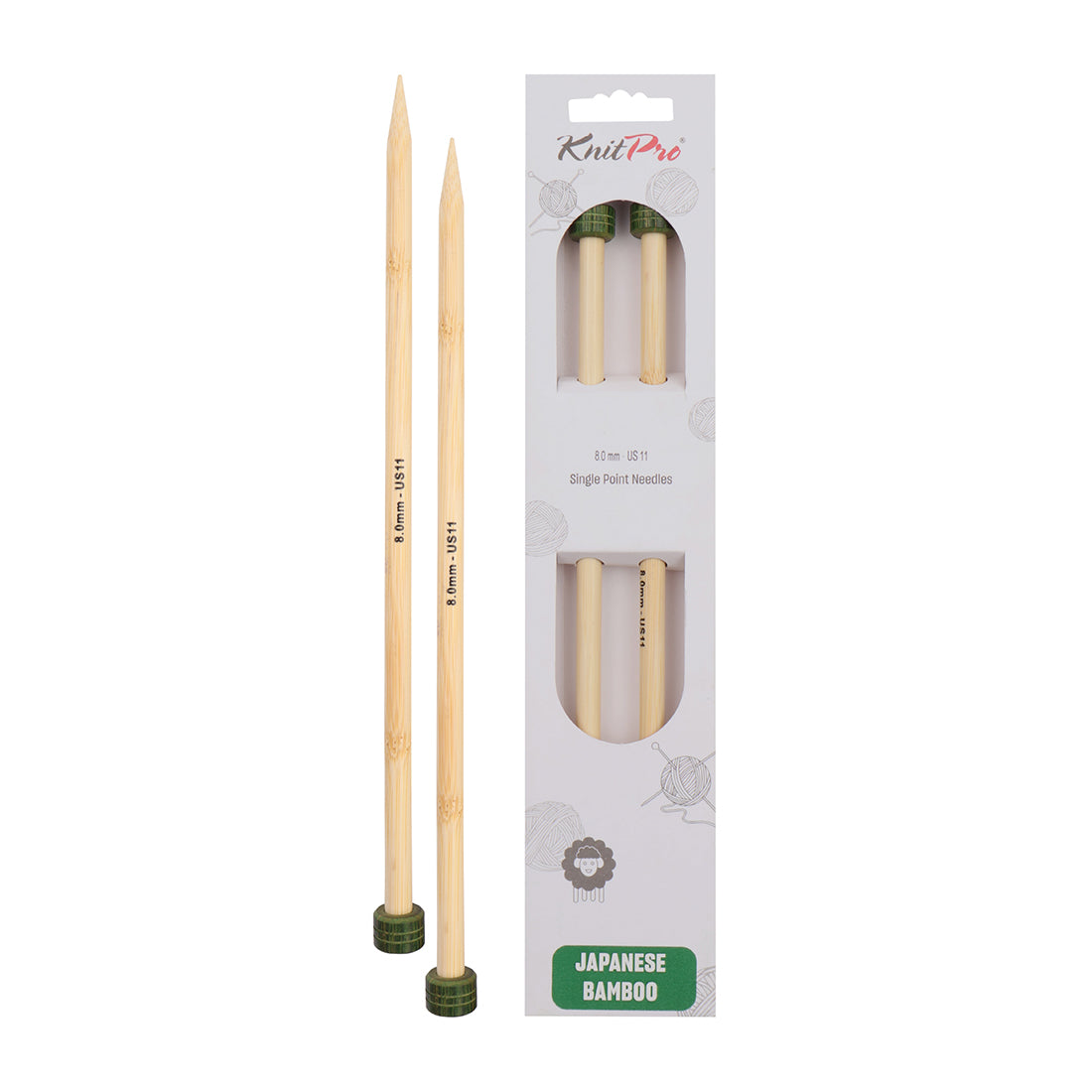 Pair of KnitPro 33cm bamboo knitting needles in 8mm with green heads