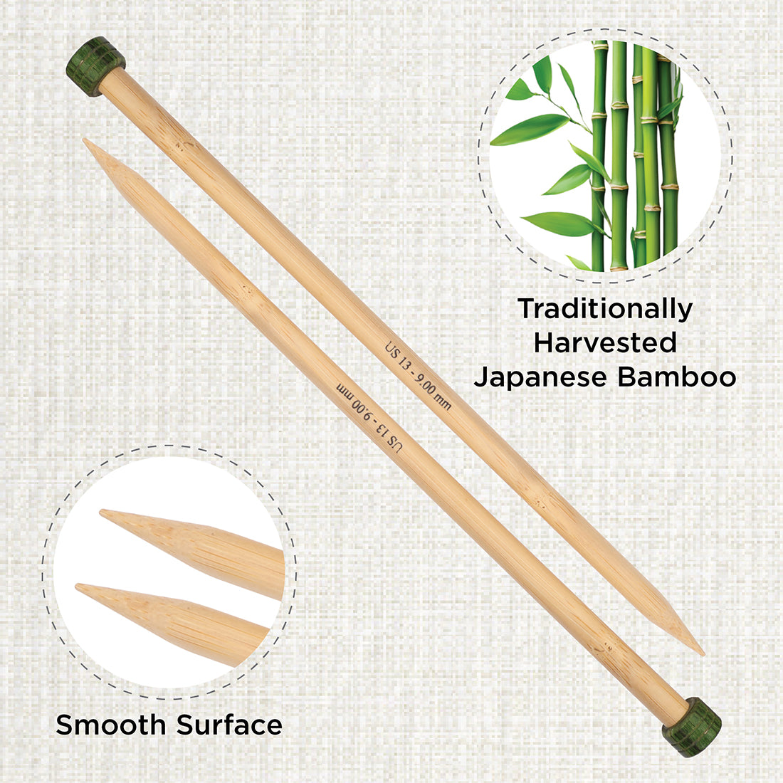 Pair of KnitPro 33cm bamboo knitting needles in 9mm with green heads