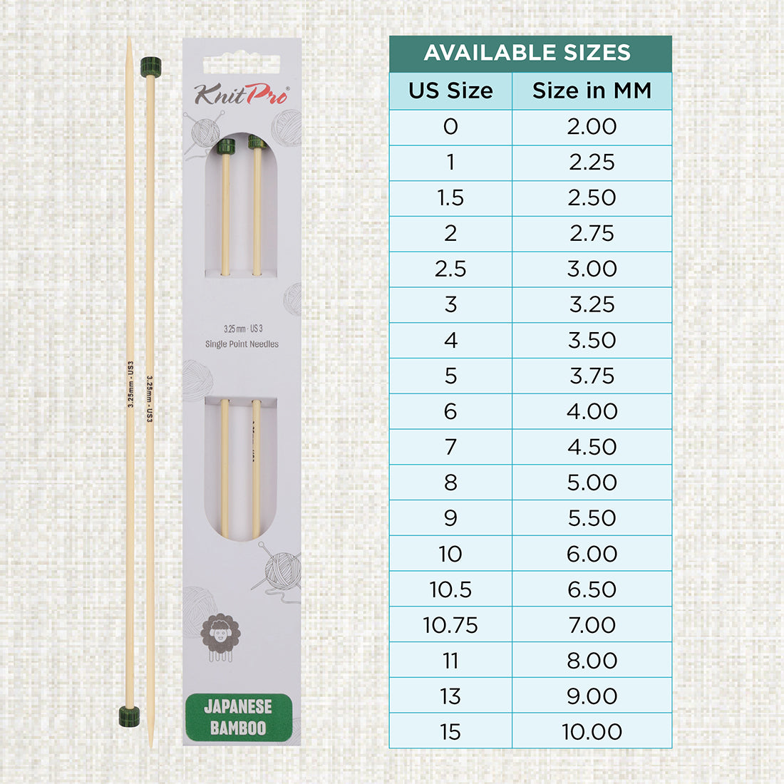 Pair of KnitPro 33cm bamboo knitting needles in 3.25mm with green heads