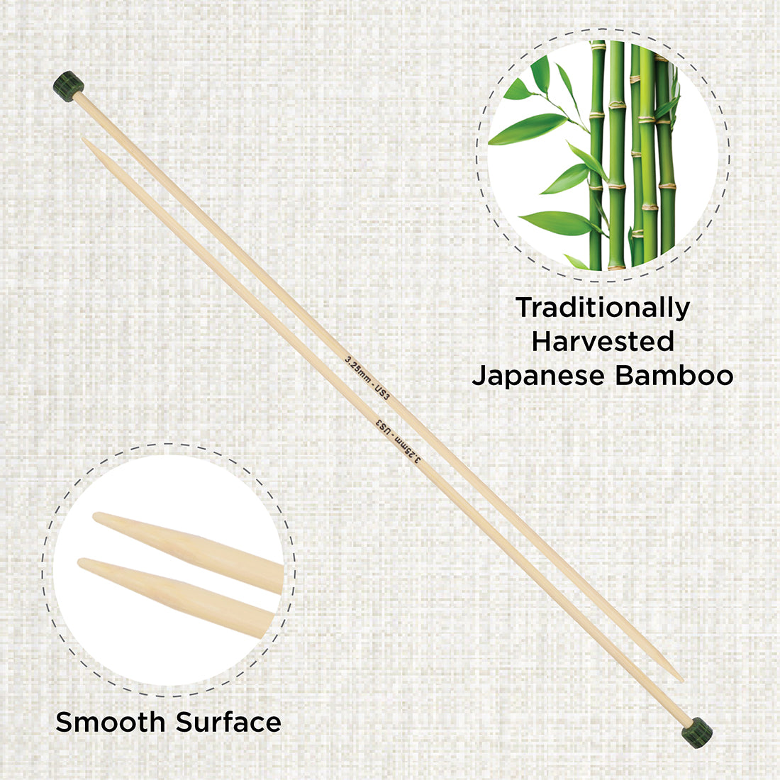 Pair of KnitPro 33cm bamboo knitting needles in 3.25mm with green heads
