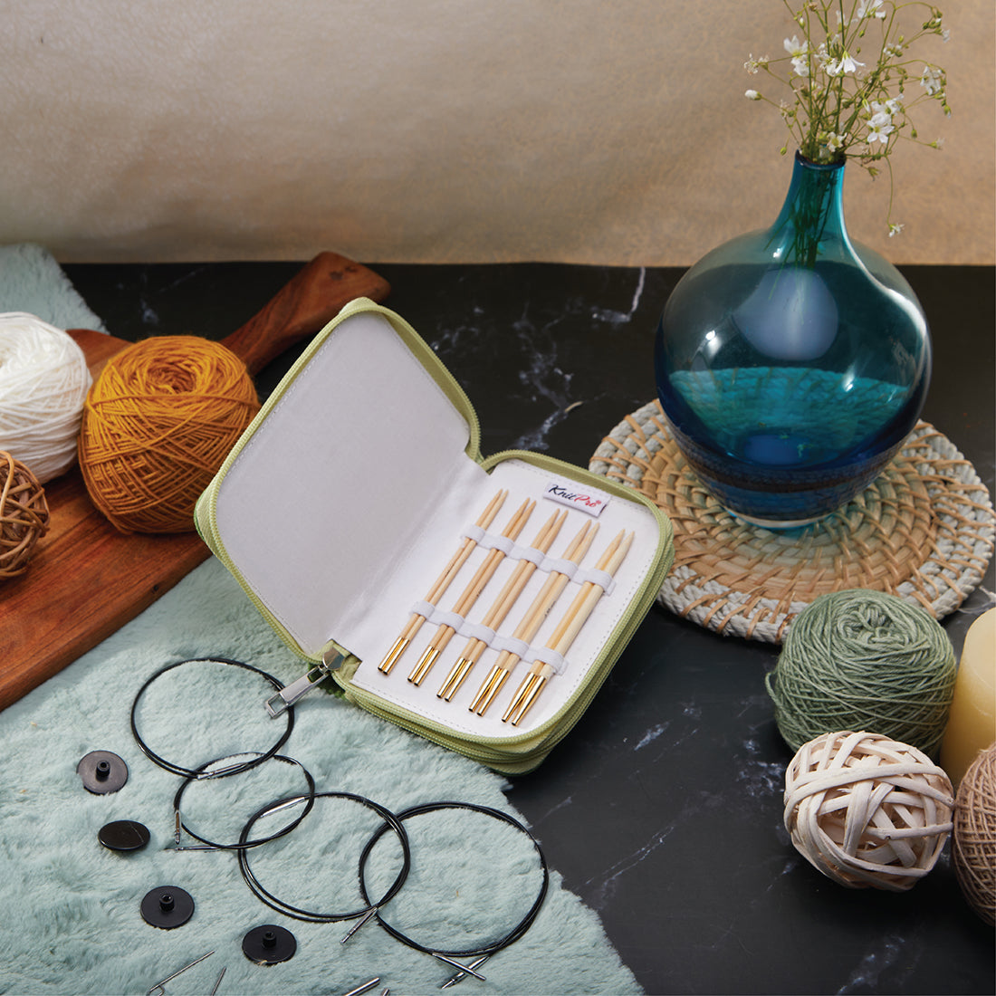 KnitPro bamboo interchangeable needle starter set in green fabric case