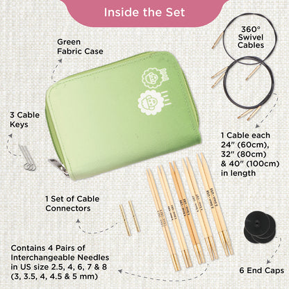 KnitPro bamboo interchangeable needle starter set in green fabric case