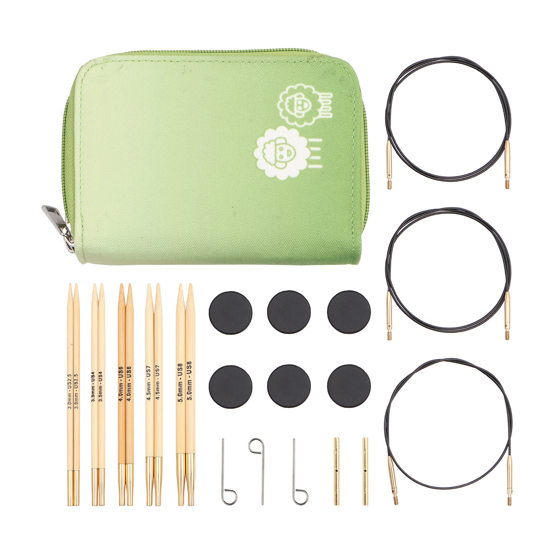 KnitPro bamboo interchangeable needle starter set in green fabric case