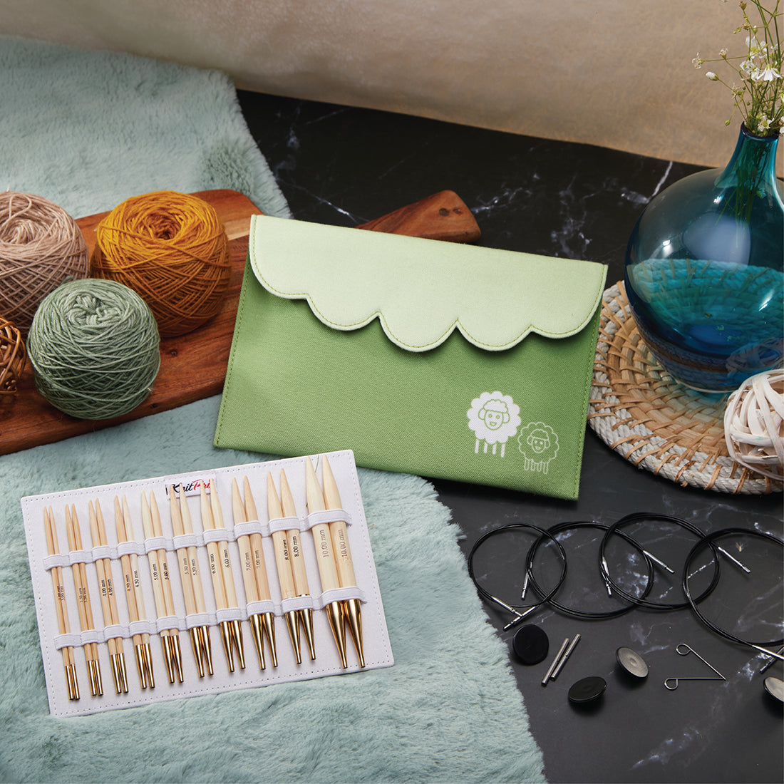 KnitPro bamboo interchangeable needle deluxe set in green fabric case