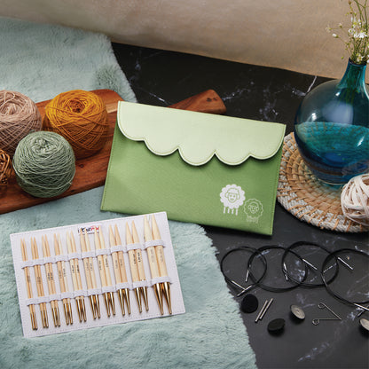 KnitPro bamboo interchangeable needle deluxe set in green fabric case