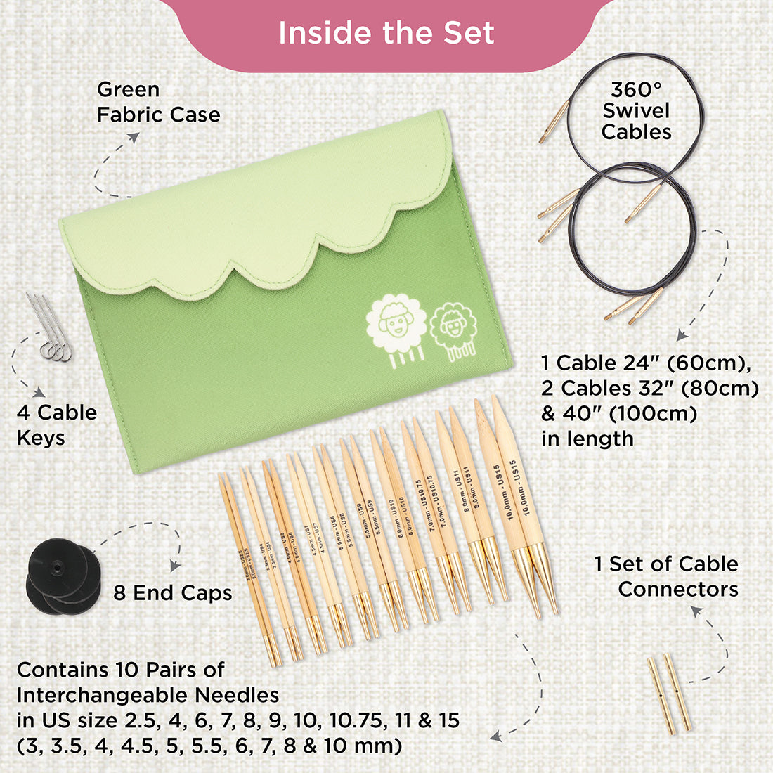 KnitPro bamboo interchangeable needle deluxe set in green fabric case