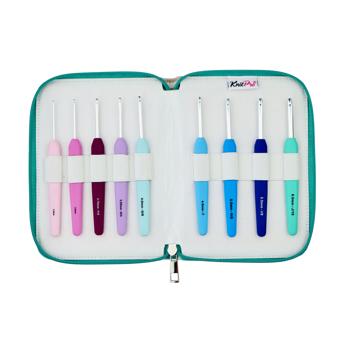 KnitPro Waves 2.0 Deluxe set of 9 crochet hooks with aqua zipped case