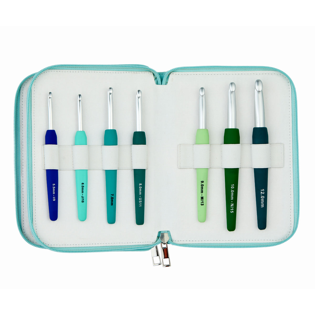 KnitPro Waves 2.0 Grande set of 14 crochet hooks with aqua zipped case