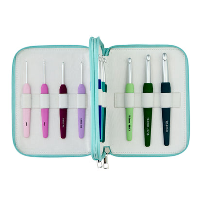 KnitPro Waves 2.0 Grande set of 14 crochet hooks with aqua zipped case