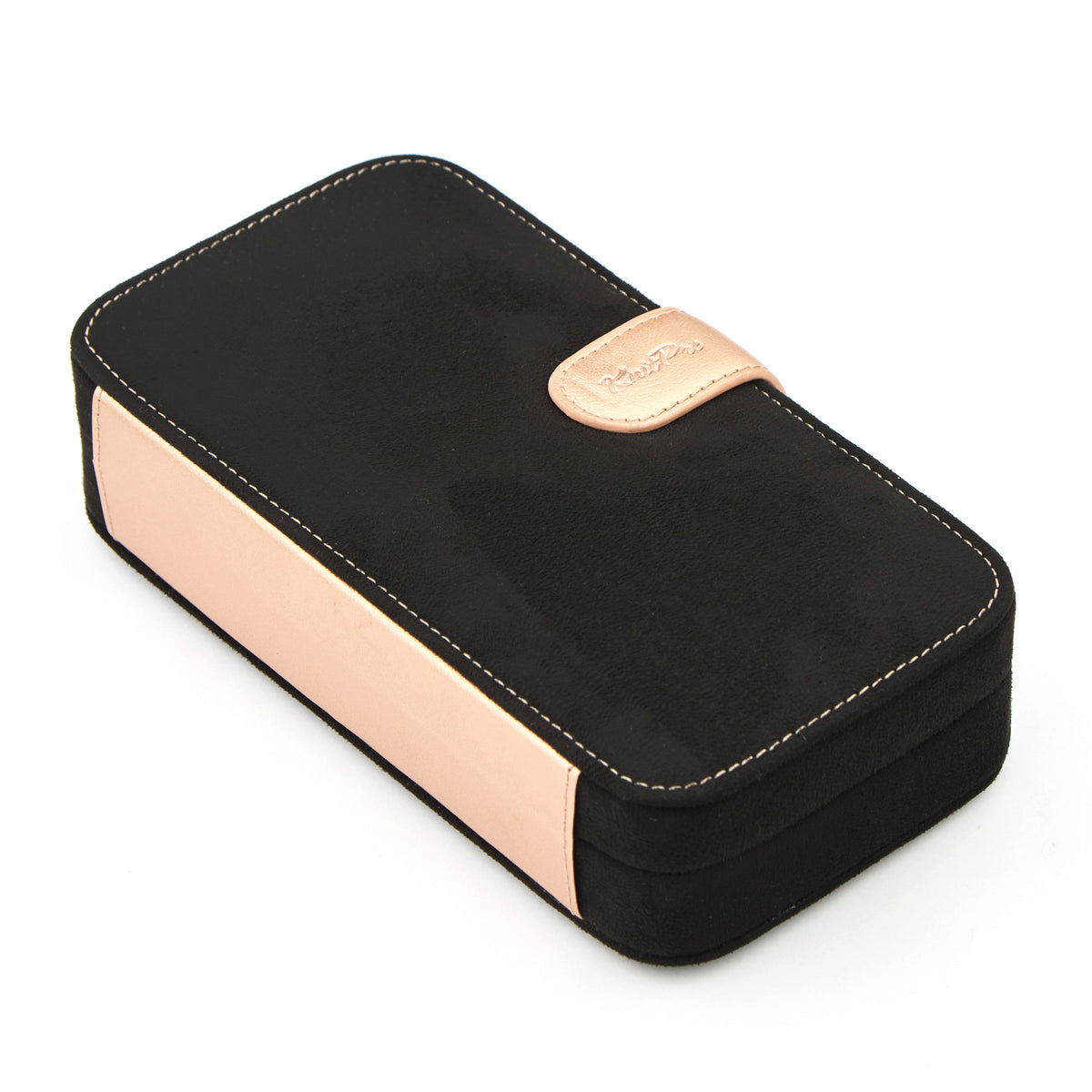 KnitPro Oasis starter crochet hook set with rose gold heads and grey onyx handle in a black faux suede case