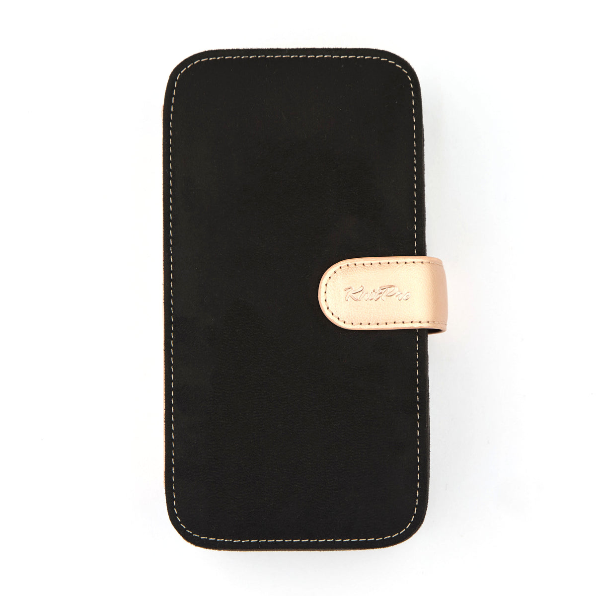 KnitPro Oasis starter crochet hook set with rose gold heads and grey onyx handle in a black faux suede case