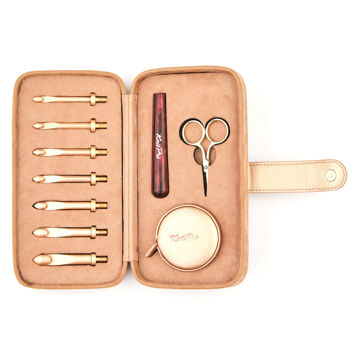 KnitPro Oasis chunky crochet hook set with rose gold heads and rose handle in a clay faux suede case