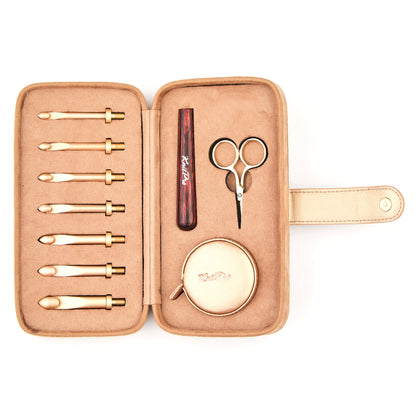 KnitPro Oasis chunky crochet hook set with rose gold heads and rose handle in a clay faux suede case