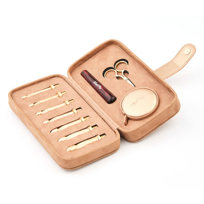 KnitPro Oasis chunky crochet hook set with rose gold heads and rose handle in a clay faux suede case