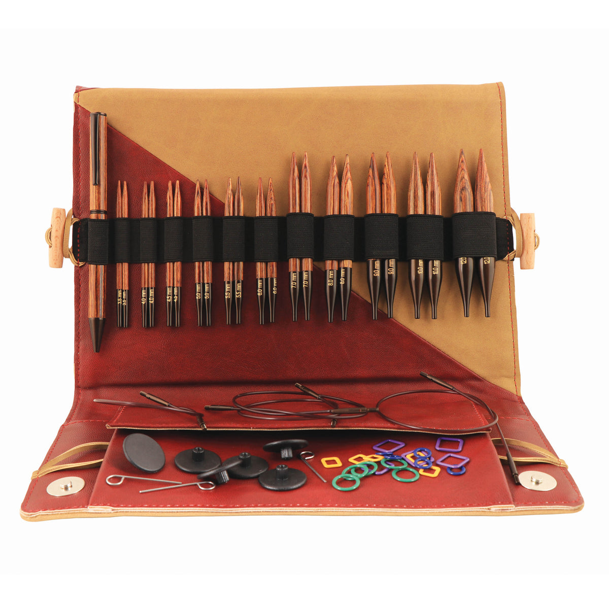 KnitPro Ginger Regal special interchangeable needle set in a burgundy and beige case