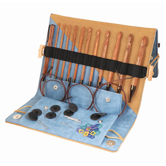 KnitPro Ginger Tunisian crochet hook set in a denim and beige case