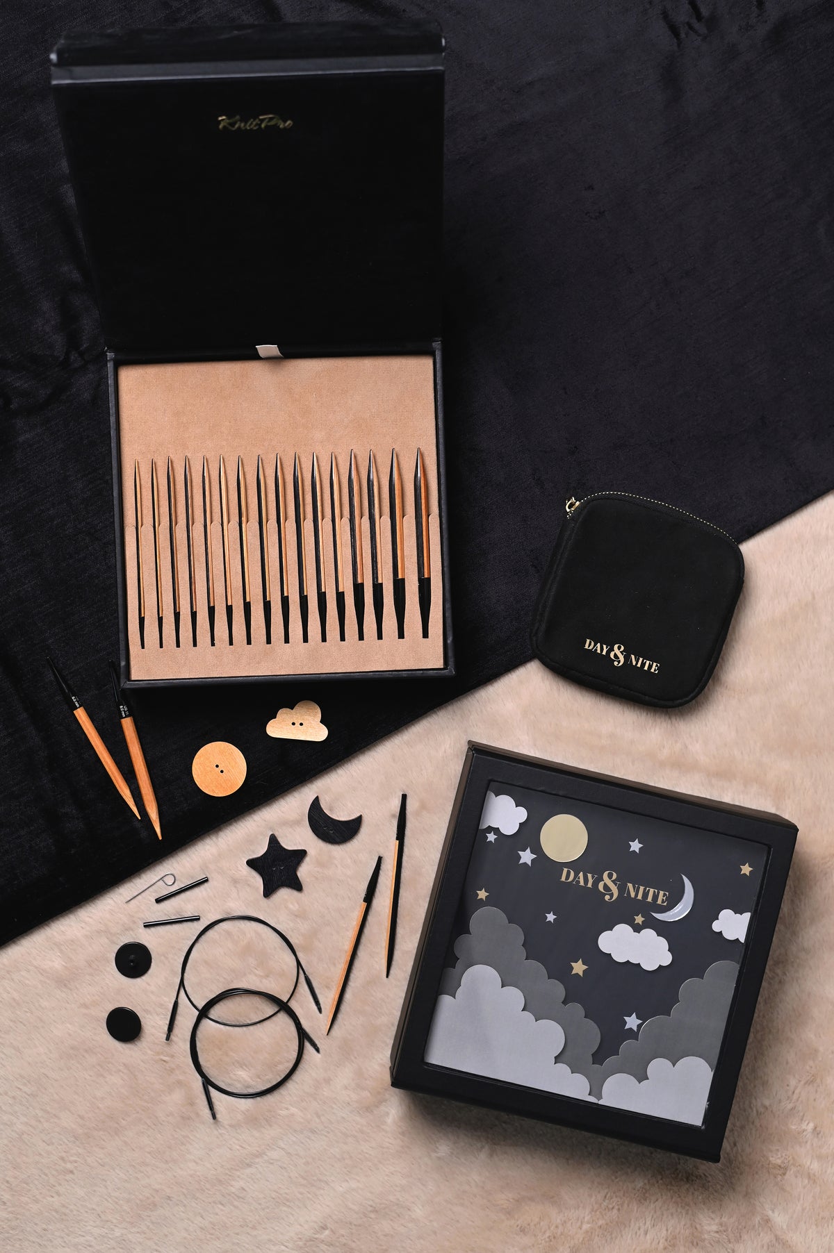 KnitPro Day & Nite interchangeable knitting needle set in black and natural tones