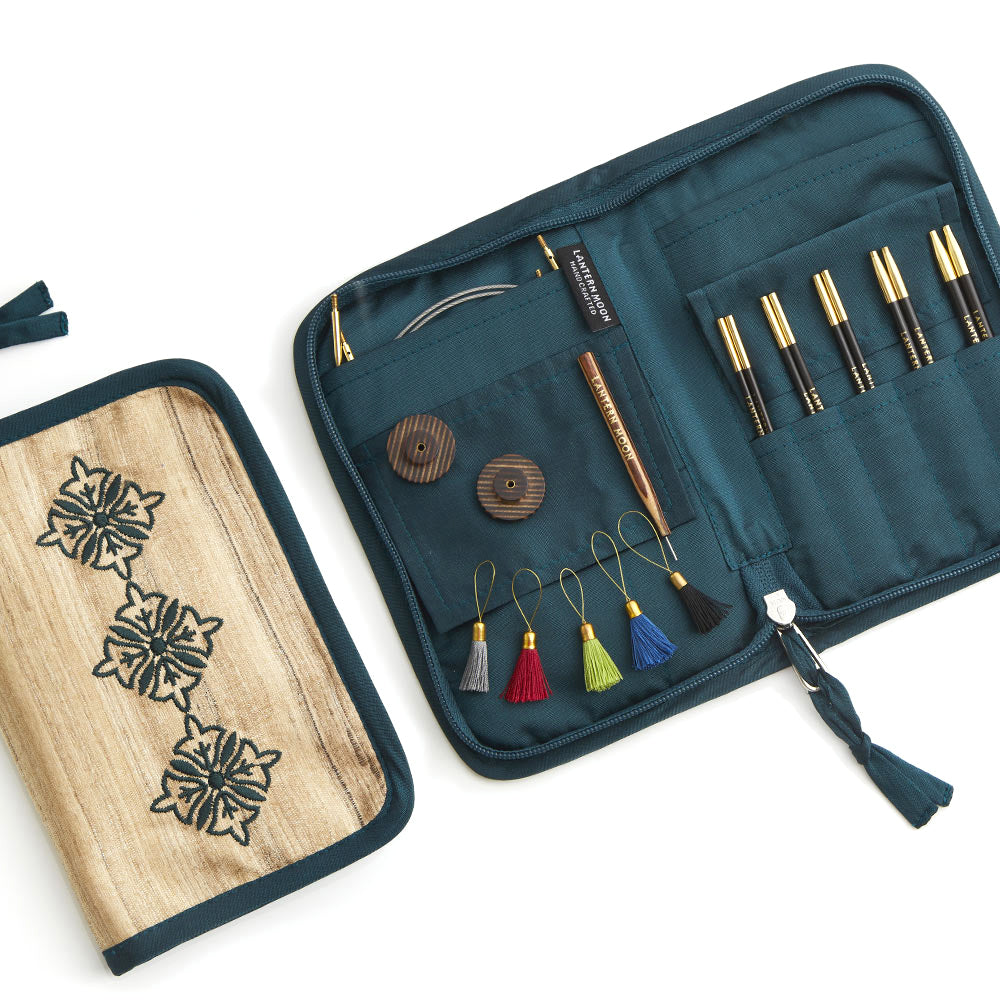 Lantern Moon Legacy interchangeable knitting needle set in an embroidered silk case