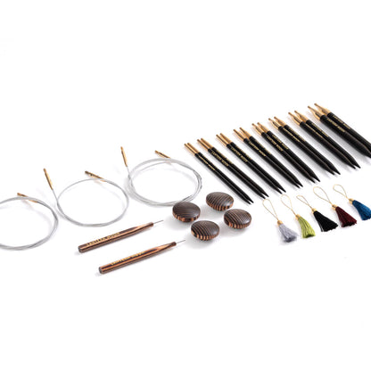 Lantern Moon Glory interchangeable knitting needle set in an embroidered silk case