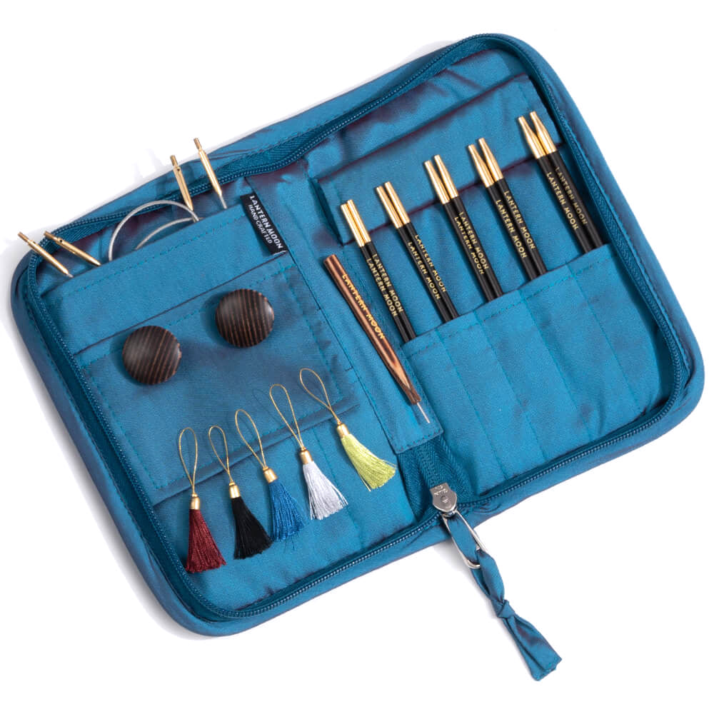 Lantern Moon Charm interchangeable knitting needle set in an embroidered silk case
