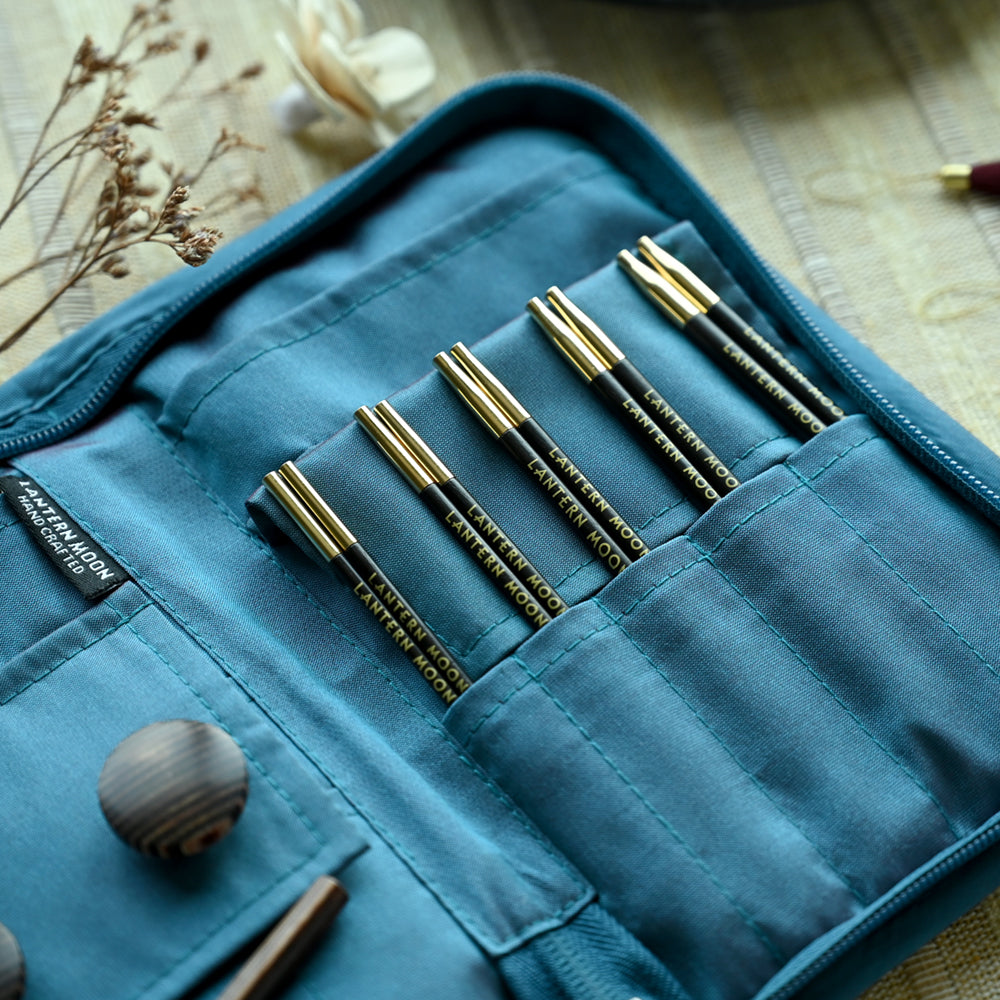Lantern Moon Charm interchangeable knitting needle set in an embroidered silk case