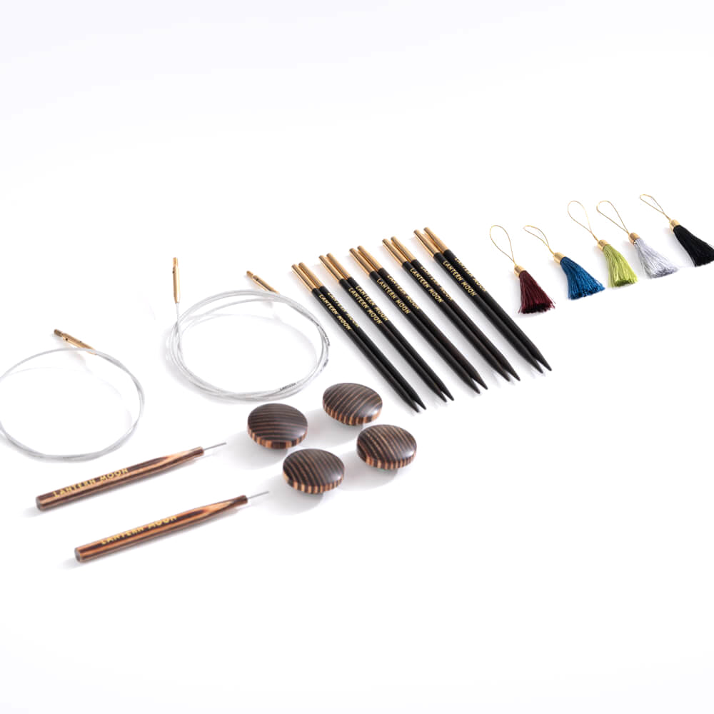 Lantern Moon Charm interchangeable knitting needle set in an embroidered silk case