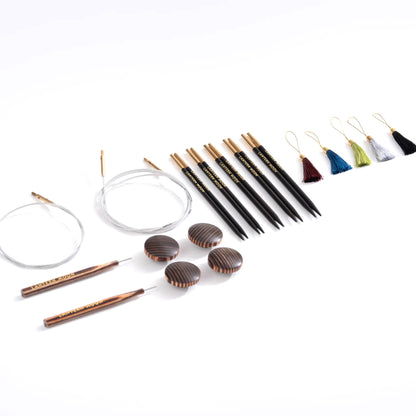 Lantern Moon Charm interchangeable knitting needle set in an embroidered silk case