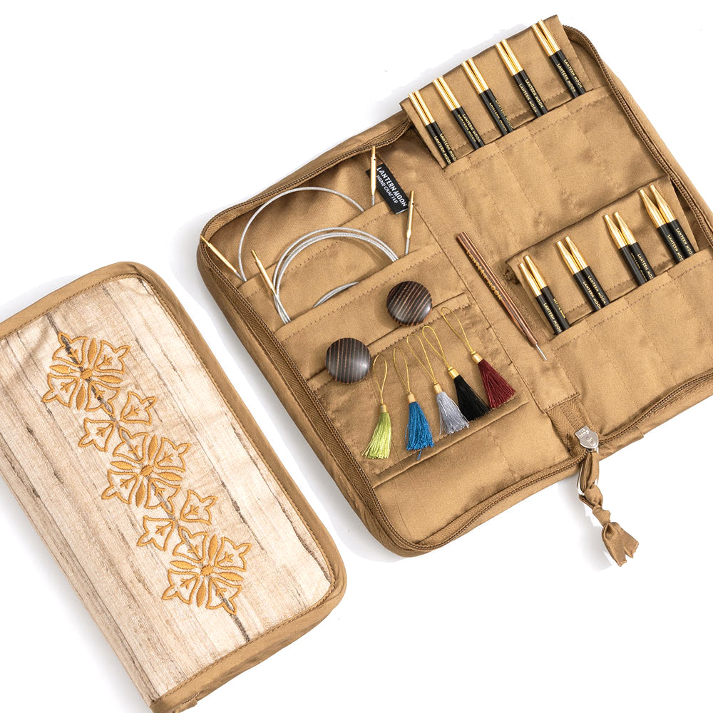 Lantern Moon Ancestry interchangeable knitting needle set in an embroidered silk case