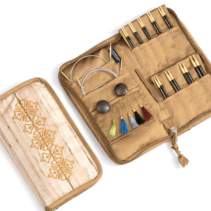 Lantern Moon Ancestry interchangeable knitting needle set in an embroidered silk case