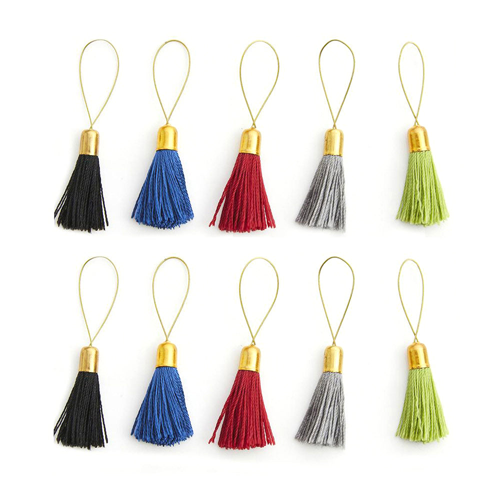 Ten stitch markers with colourful silk tassels and brass tops
