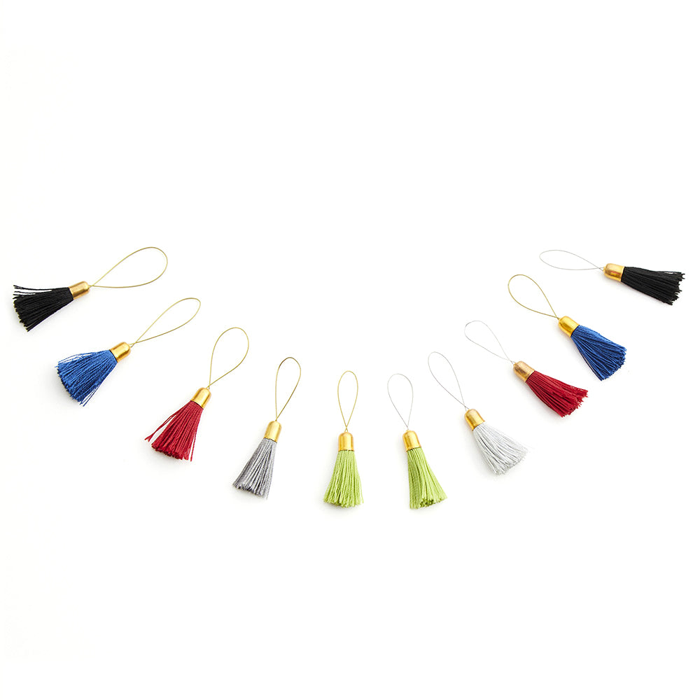 Ten stitch markers with colourful silk tassels and brass tops