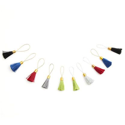 Ten stitch markers with colourful silk tassels and brass tops