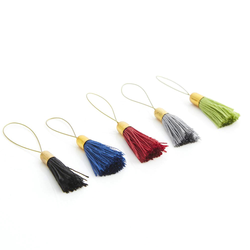 Ten stitch markers with colourful silk tassels and brass tops