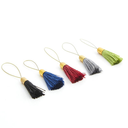 Ten stitch markers with colourful silk tassels and brass tops