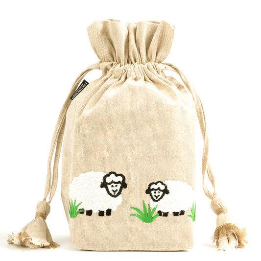 Natural White cotton drawstring bag with two embroidered sheep