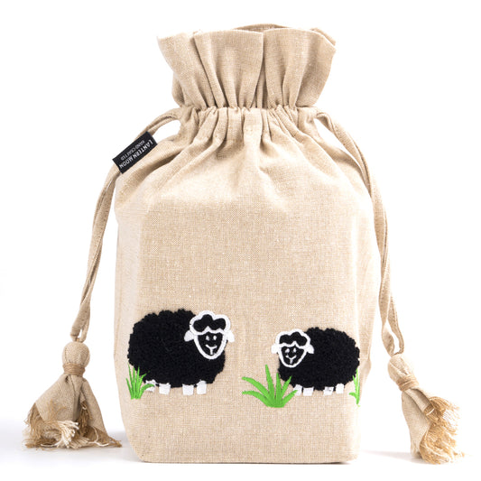 Natural Black cotton drawstring bag with two embroidered sheep