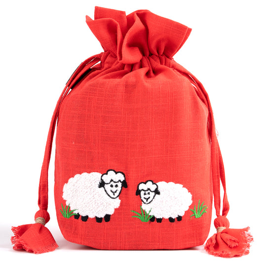 Red cotton drawstring bag with two embroidered sheep