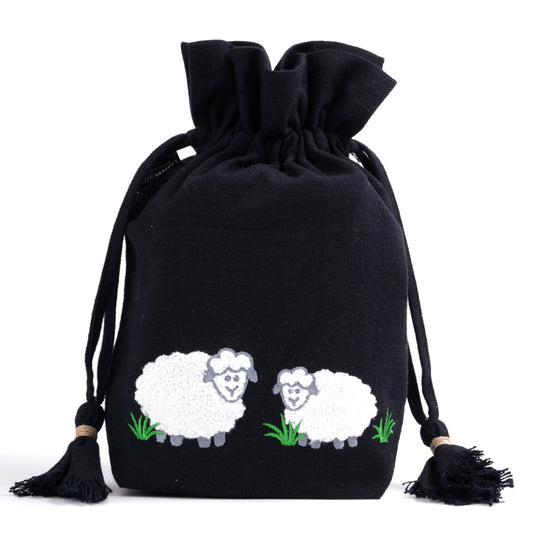 Black cotton drawstring bag with two embroidered sheep