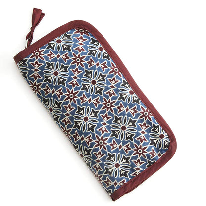 Zipped block-printed needle case in Ajrak fabric