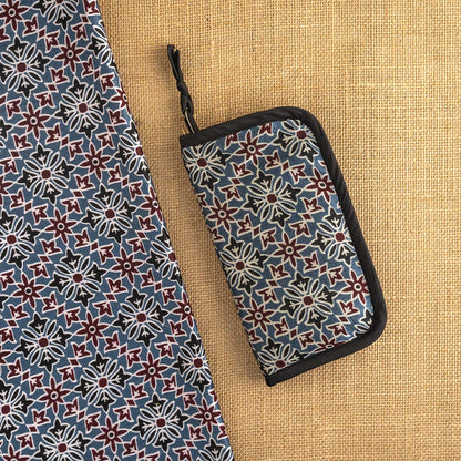 Zipped block-printed accessories case in Ajrak fabric