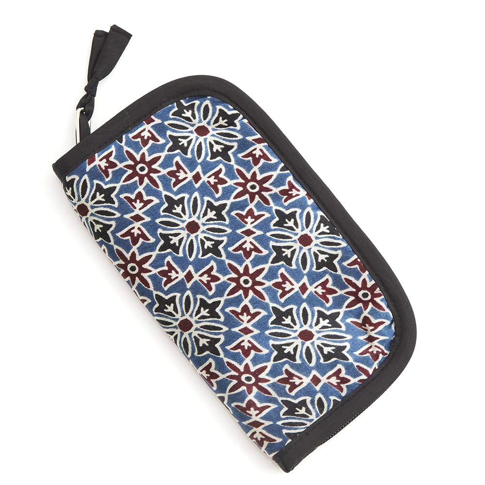 Zipped block-printed accessories case in Ajrak fabric