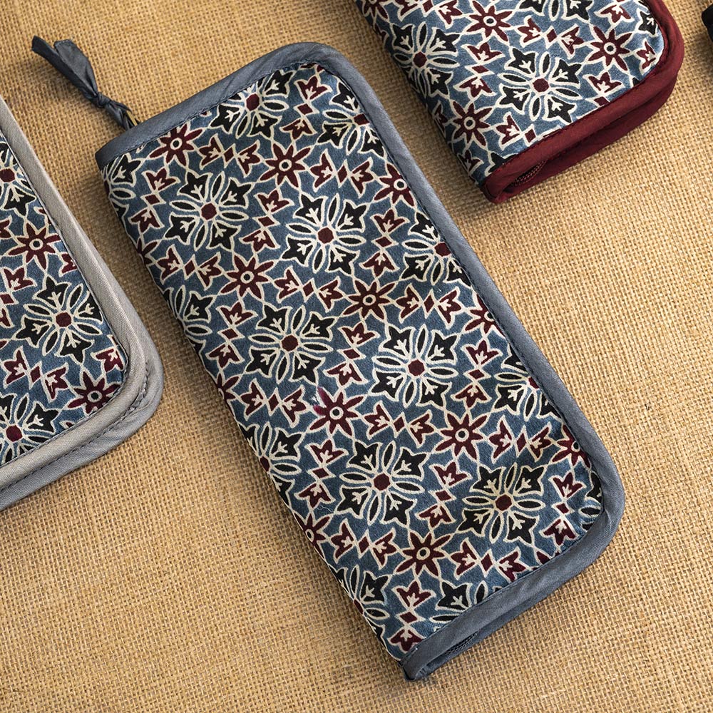 Zipped block-printed interchangeable needle case in Ajrak fabric