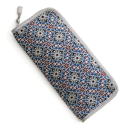 Zipped block-printed circular needle case in Ajrak fabric